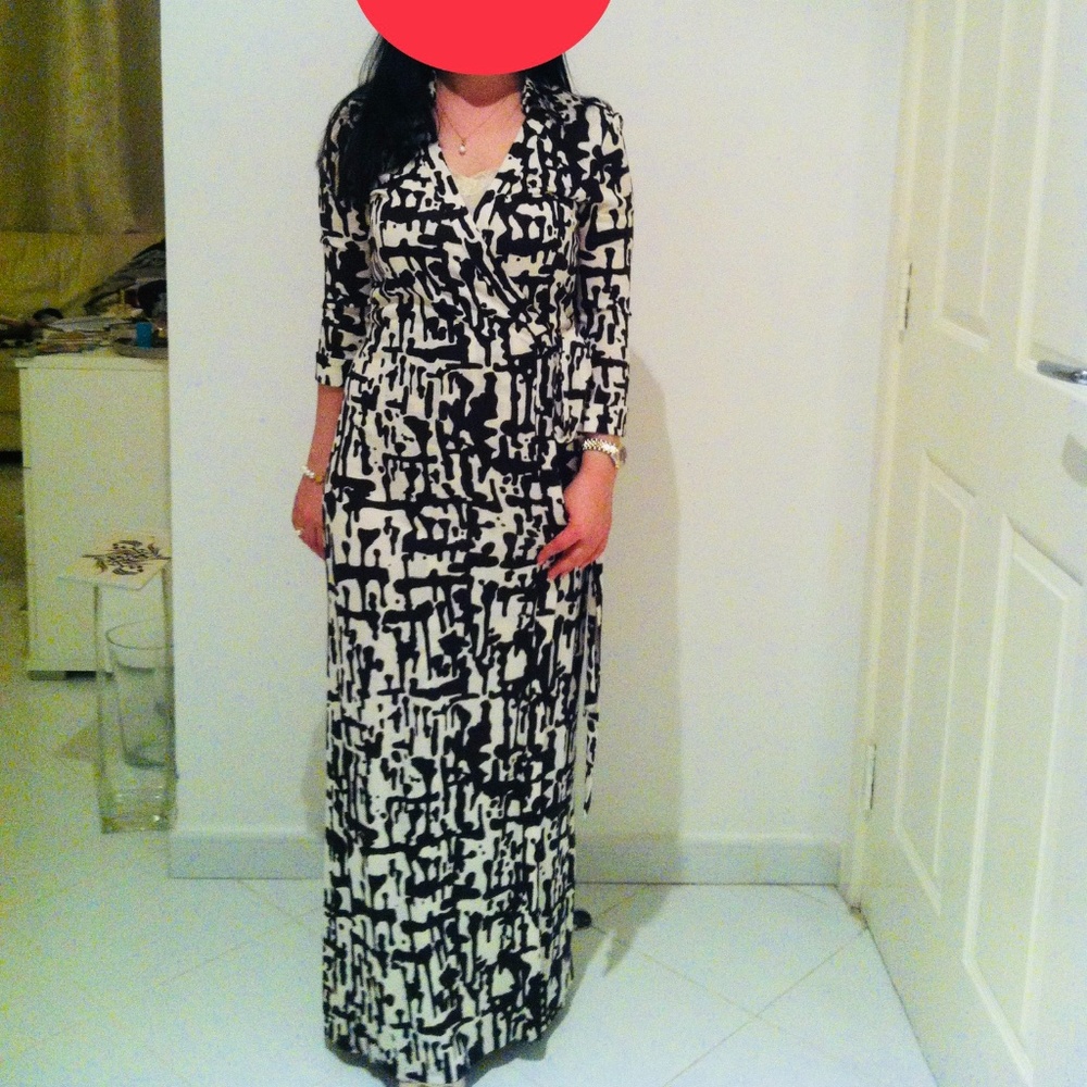 DVF long wrap dress chocolate brown/off white